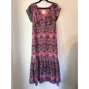 Vanessa Virginia Anthropologie Dress 12 Vibrant Print Boho Maxi Tie Back V Neck